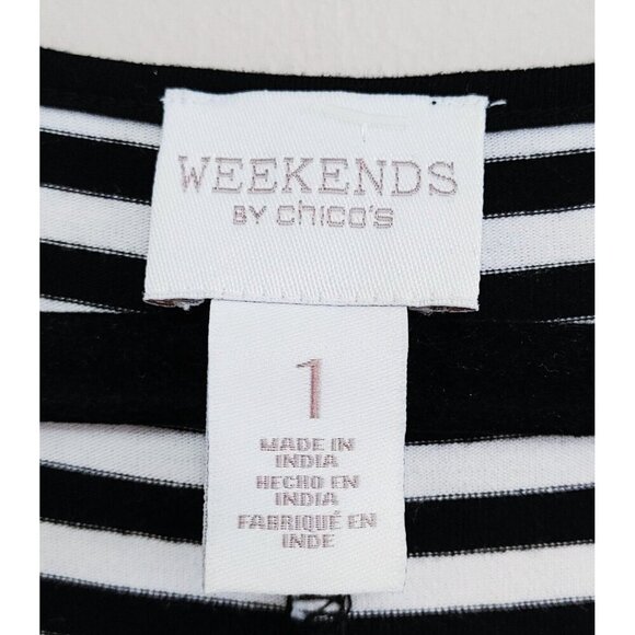 Weekends By Chico's Womens Cold Shoulder Top Size 1 White & Black Striped - Picture 2 of 3